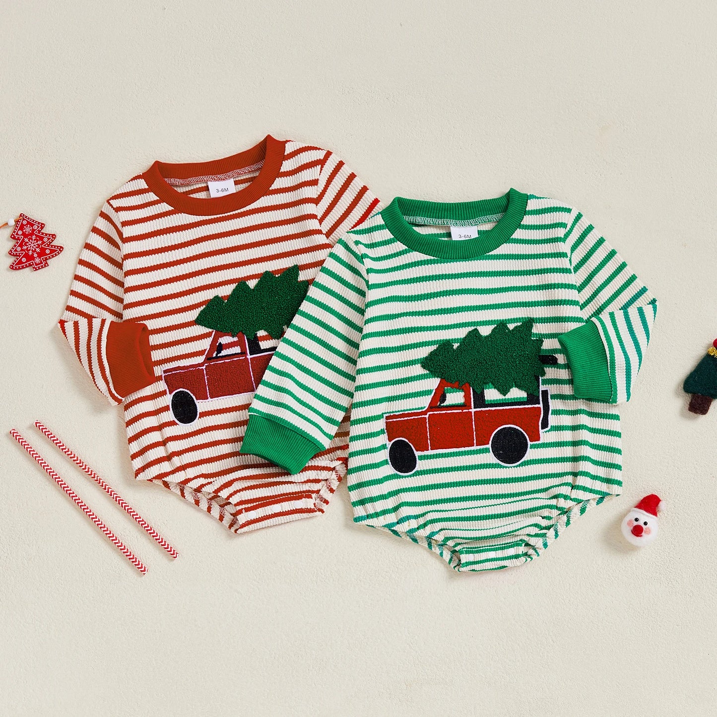 Baby Boy Girl Christmas Striped Jumpsuit Long Sleeve Round Neck Tree Truck Embroidery Romper