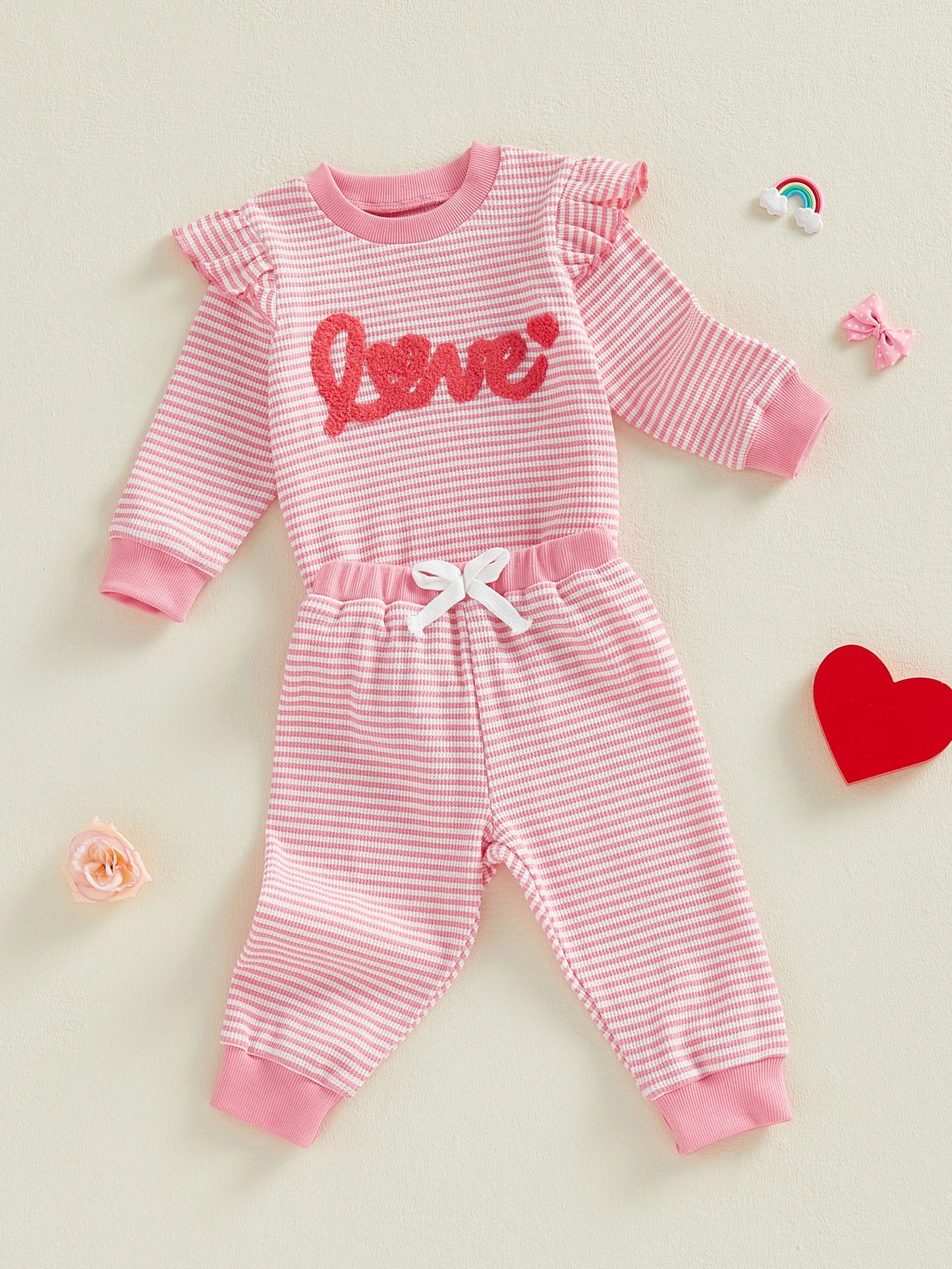 Baby Girls 2Pcs Valentine's Day Clothes Sets Letters Embroidery Love Stripe Long Sleeve Romper with Pants 2Pcs Set