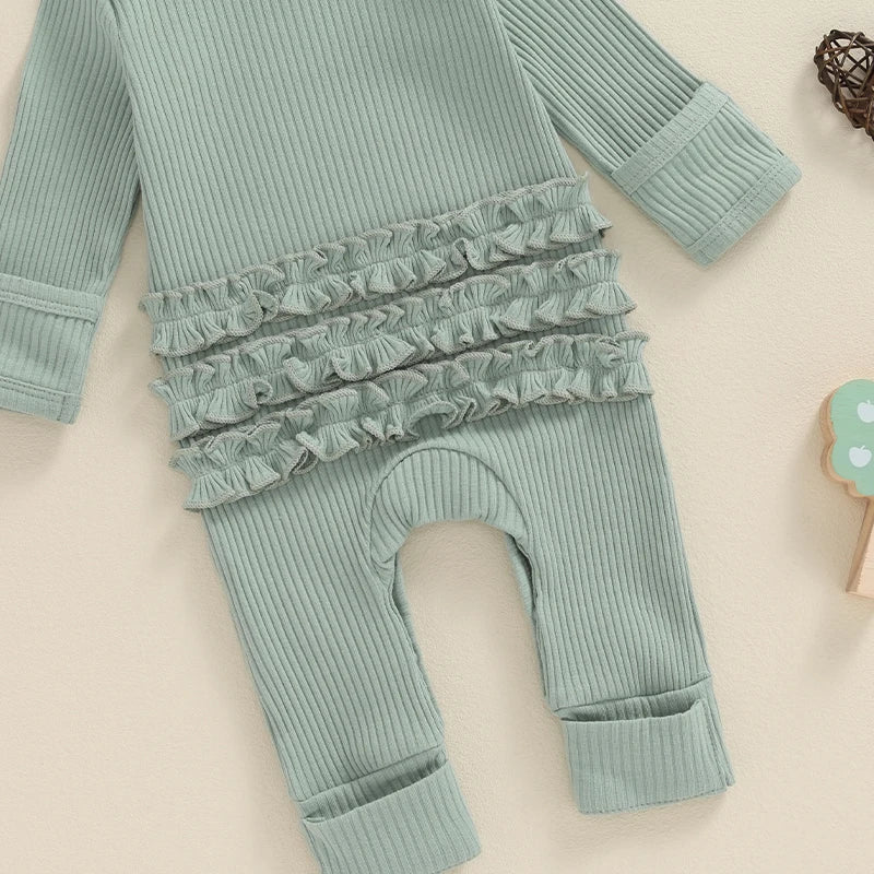 Baby Girl 2Pcs Hello I'm New Here Romper Letter Print Ribbed Long Sleeve Round Neck Full Length Jumpsuit with Headband Set