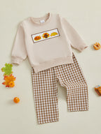 Baby Toddler Boys Girls 2Pcs Thanksgiving Outfit Pumpkin Turkey Pie Long Sleeve Crewneck Top Plaid Elastic Waist Pants Set