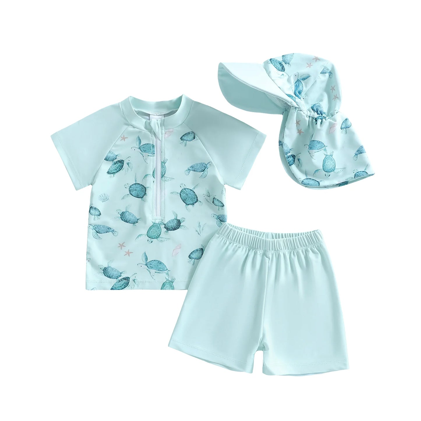 Baby Toddler Boys 3Pcs Rash Guard Swimsuit Short Sleeve Dinosaur Print Top Swim Shorts Hat Swimwear Three Piece Set