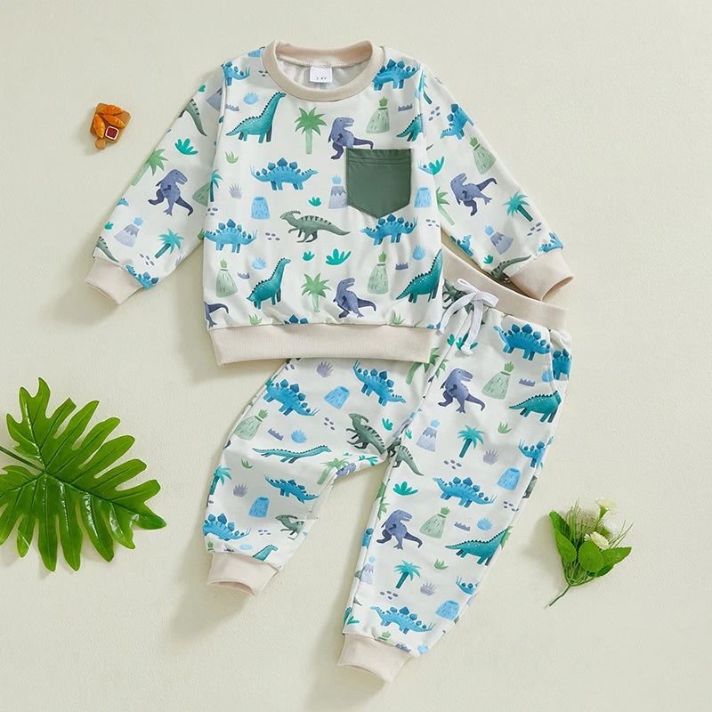 Toddler Kids Boys 2Pcs Outfit Dinosaur Print Long Sleeve Top with Pants Fall Outfit Jogger Set