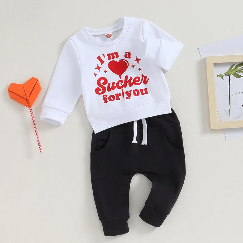 Baby Toddler Boy Girl 2Pcs Valentine's Day I'm A Sucker For You Letter & Heart Print Long Sleeve Pullover Top with Elastic Waist Pants Set Outfit