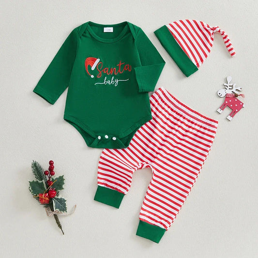 Baby Boys Girls 3Pcs Santa Baby Christmas Outfit Letter Embroidery Long Sleeve Romper with Stripe Pattern Pants and Hat Set