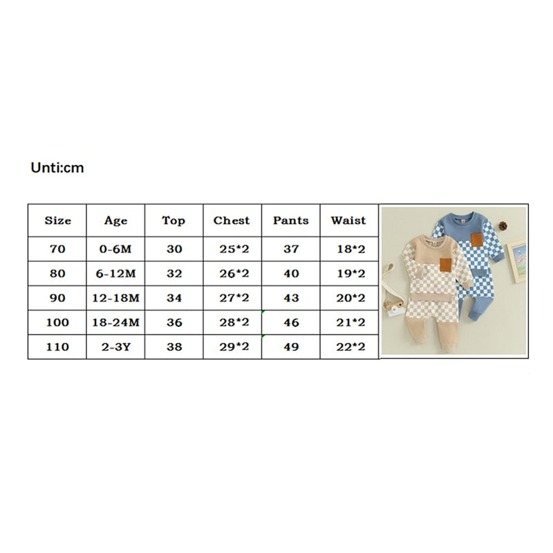 Baby Toddler Boy Girl 2Pcs Clothes Outfits Checker Long Sleeve Pocket Top and Elastic Pants Set Fall Clothes