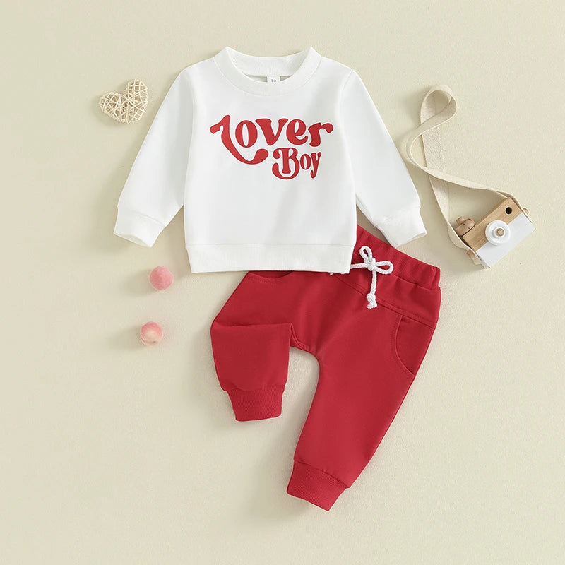 Baby Toddler Boy Girl 2Pcs Valentine's Day Outfits Long Sleeve Shirts Letter Lover Boy / Daddy's Little Valentine Print Top with Jogger Pants Set