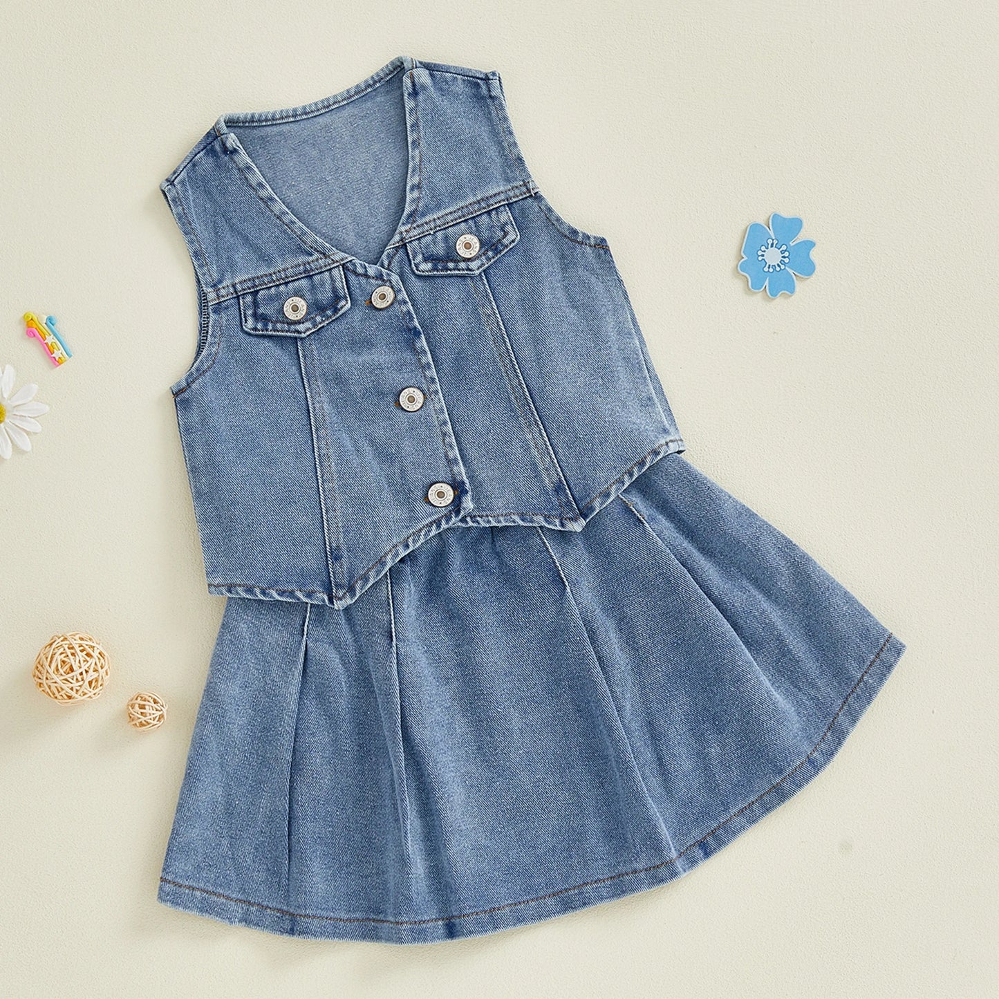 Toddler Kids Girls 2Pcs Denim Set Solid Color V-Neck Button Down Vest and Pleated Skirt 2 Piece Outfit