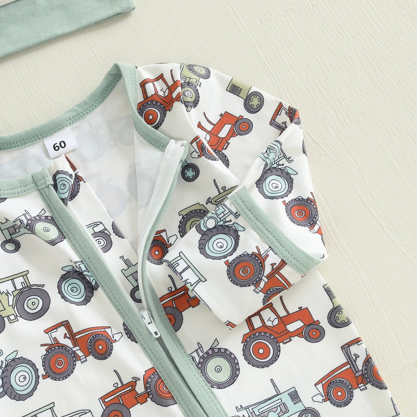 Baby Boys 2Pcs Fall Footed Romper Cute Tractor Pattern Round Neck Long Sleeve Zipper Jumpsuit with Hat Set