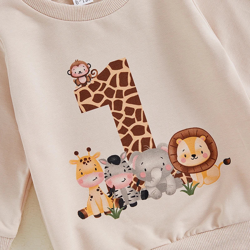 Baby Boys Girls 2Pcs First Birthday 1 One Outfit Animal Print Number Long Sleeve Top Elastic Waist Pants Set for Fall