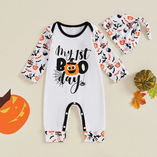 Baby Toddler Boys Girls 2Pcs My 1st Boo Day Halloween Set Bat Letter Witch Pumpkin Print Long Sleeve Romper Hat Outfit