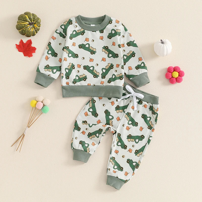 Baby Toddler Girls Boys 2Pcs Fall Outfit Truck Print Long Sleeve Crew Neck Top and Pants Set