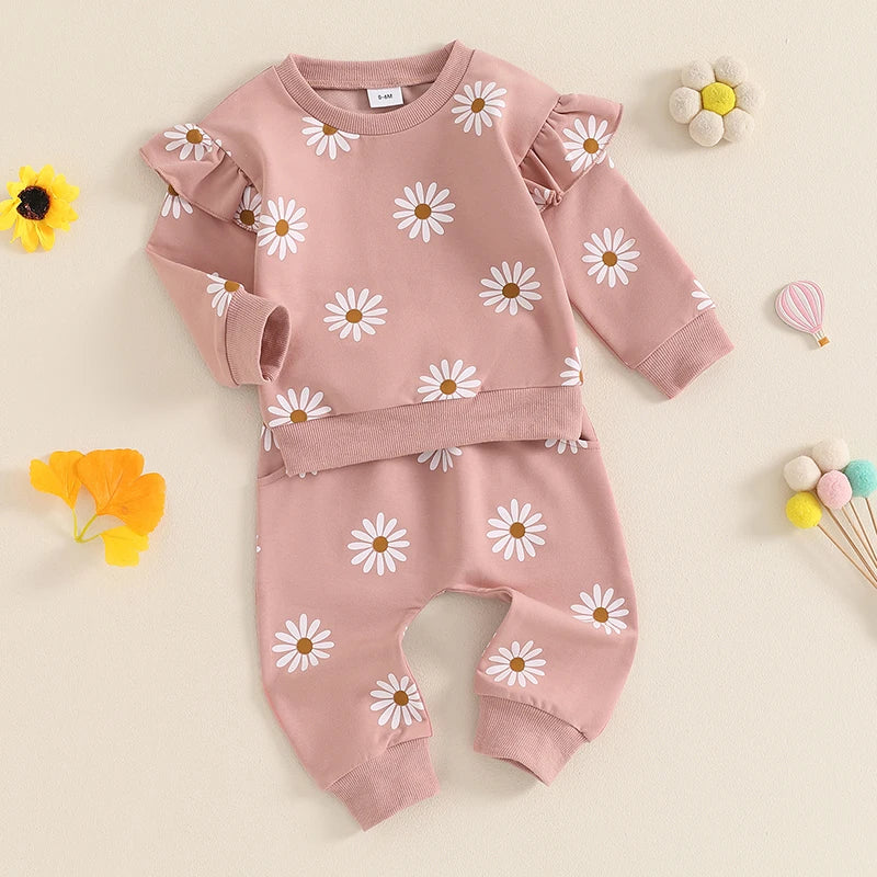 Baby Toddler Girls 2Pcs Fall Outfit Daisy Flower Print Long Sleeve Top with Elastic Waist Pants Set