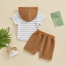 Load image into Gallery viewer, Toddler Baby Boy 2Pcs Short Sleeve Hooded Striped Top Solid Color Shorts Summer Outfit Set
