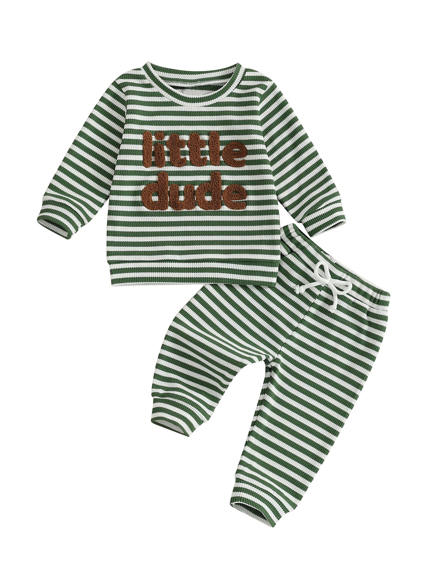 Baby Toddler Boys 2Pcs Mama's Boy / Little Dude Waffle Outfit Letter Embroidery Striped Long Sleeve Top and Elastic Pants Set