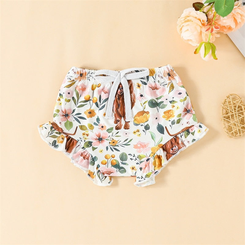 Infant Baby Girl 3Pcs Outfits Tank Top Daddys Little Girl Romper Cow Floral Print Shorts and Headband