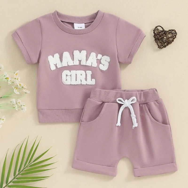 Baby Toddler 2Pcs Girl Fuzzy Letter Mama's Girl Embroidery O-Neck Short Sleeve Top with Shorts Set Outfit