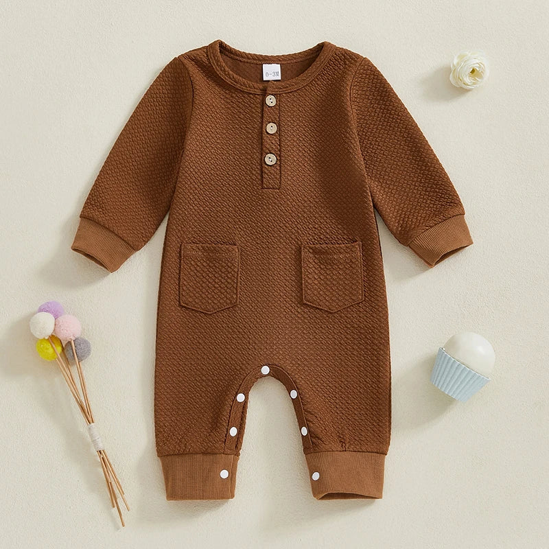 Baby Girls Boys Romper Solid Color Buttons Pockets O-Neck Long Sleeve Spring Jumpsuit