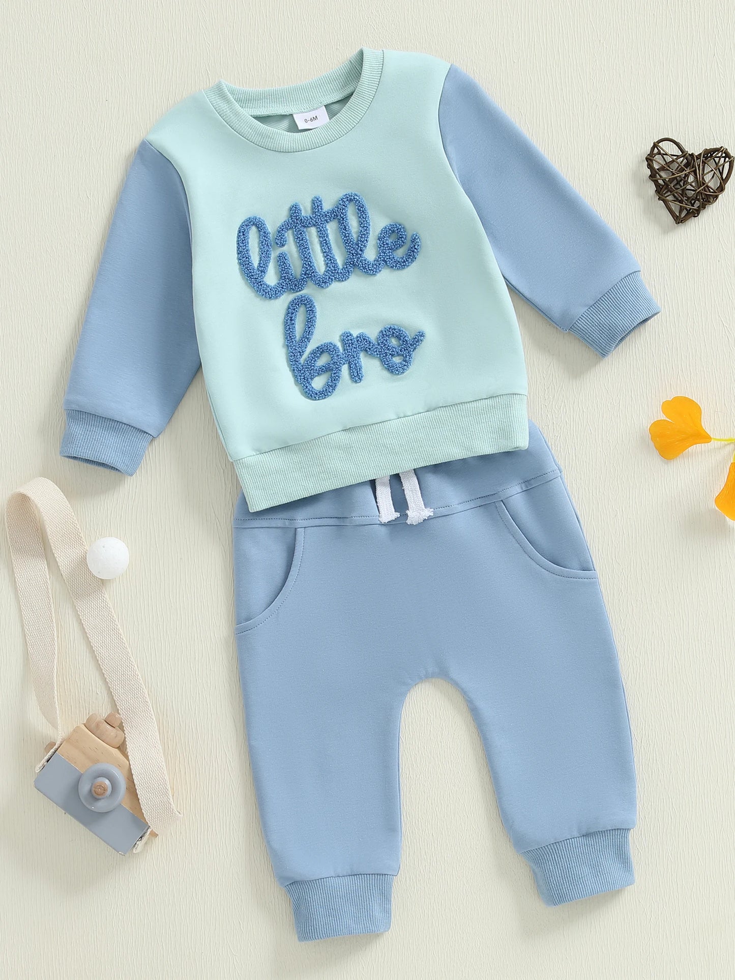 Baby Boy 2Pcs Little Bro Fall Outfits Letter Embroidery Long Sleeve Round Neck Pullover Elastic Waist Solid Pants Jogger Set