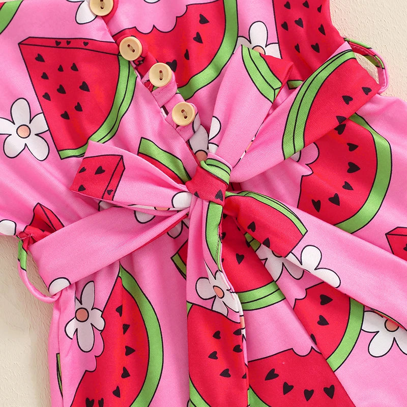 Baby Toddler Kids Girl Summer Jumpsuit Sleeveless Tie Strap Watermelon Print Belted Romper Shorts