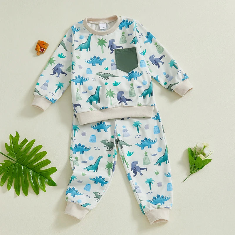 Toddler Kids Boys 2Pcs Outfit Dinosaur Print Long Sleeve Top with Pants Fall Outfit Jogger Set