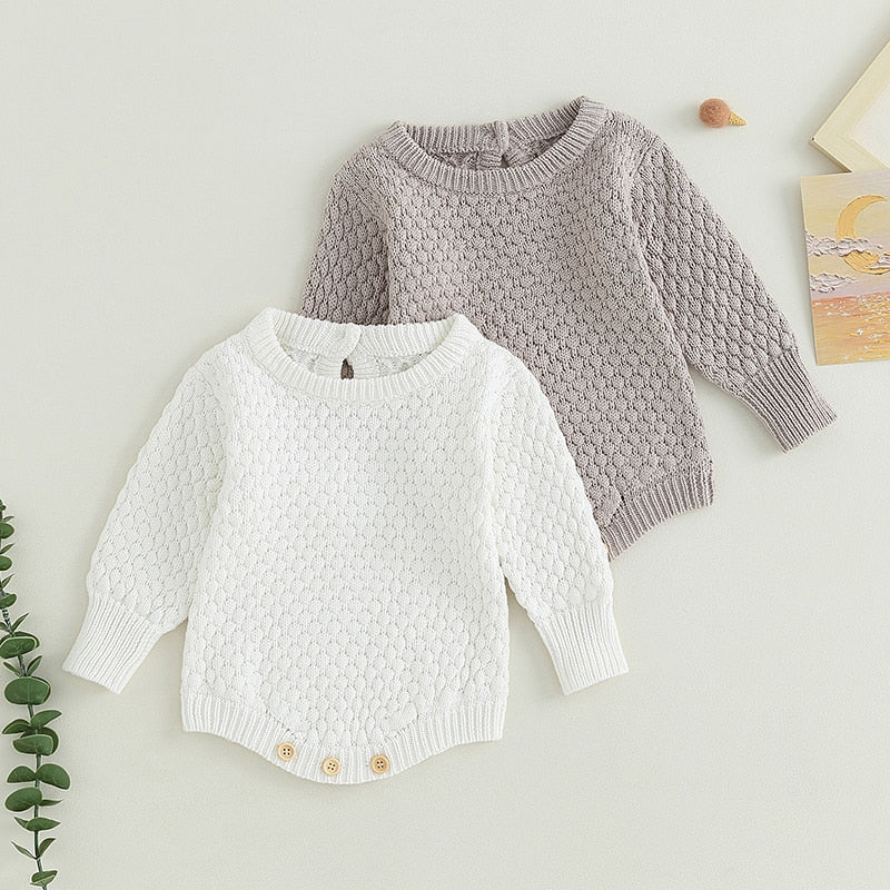 Baby Boy Girl Fall Long Sleeve Jumpsuit Solid Color Knitted Sweater Bodysuit Romper