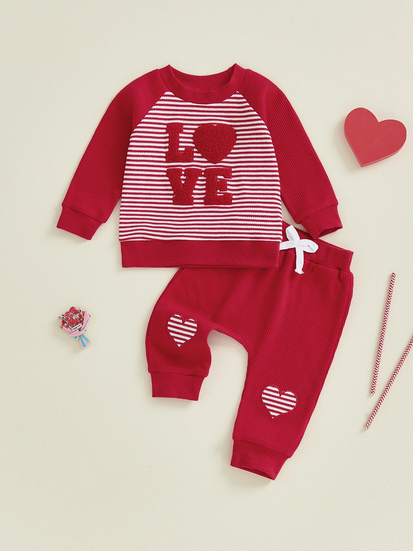 Baby Toddler Boy Girl 2Pcs Valentine's Day Outfits Waffle Stripe Heart Letter LOVE Embroidered Crew Neck Long Sleeve Top with Heart Patch Pants Jogger Set