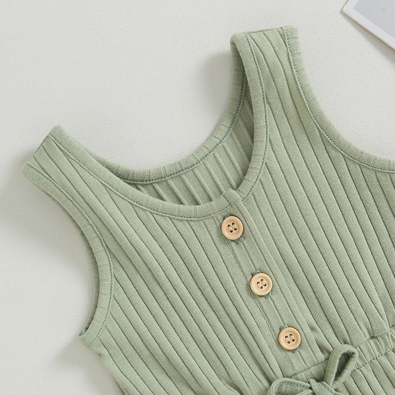 Baby Toddler Girls Ribbed Solid Color Tank Top Jumpsuit Button Down Romper