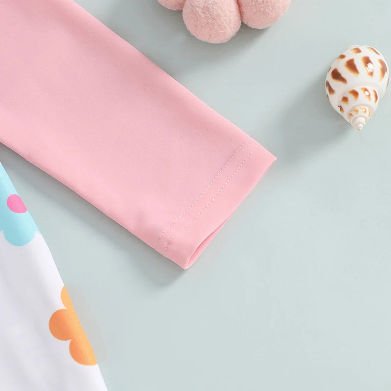 Baby Toddler Girls 2Pcs Swimwear Long Sleeve Floral/Bow/Strawberry Print Half Zipper Rash Guard Bathing Suite with Sunhat Set