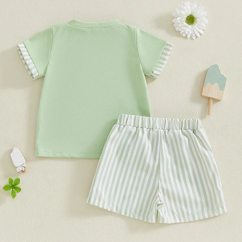 Baby Toddler Boys 2Pcs Set O-Neck Short Sleeve T-shirt Top Striped Elastic Waist Shorts Summer Outfit