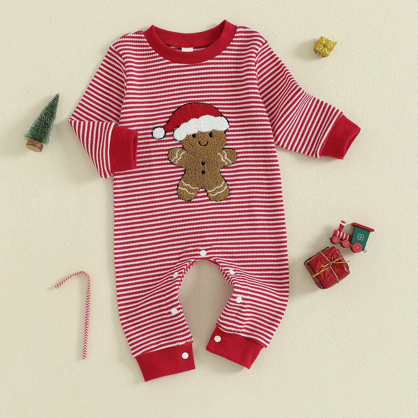 Baby Boys Christmas Romper Stripe Print Gingerbread Man Embroidery Long Sleeve Round Neck Jumpsuit