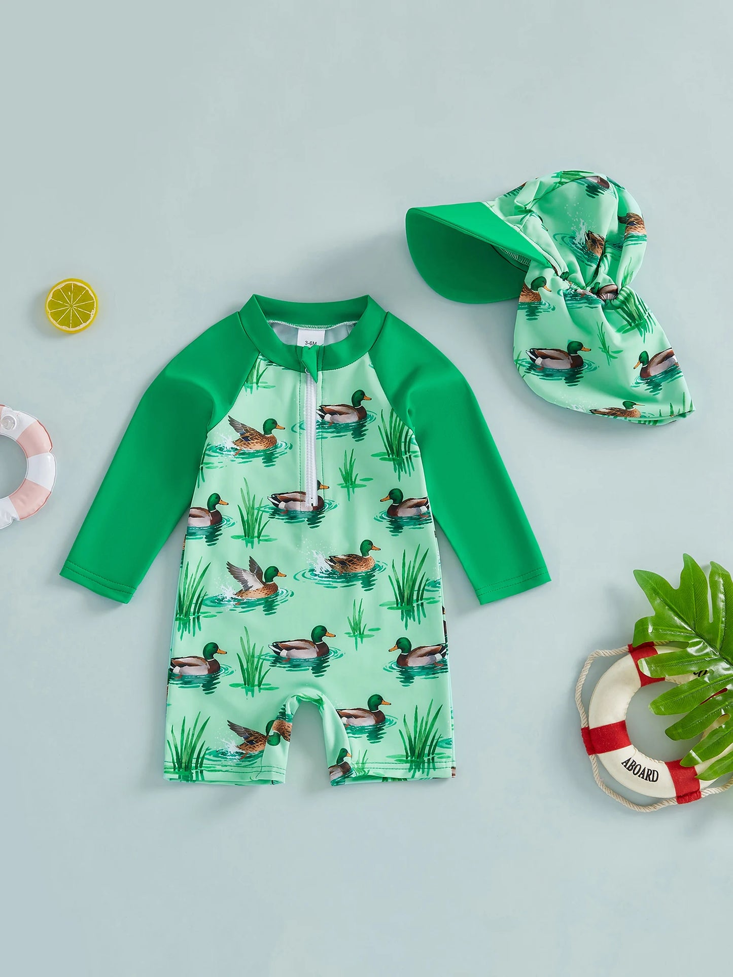 Baby Toddler Boy 2Pcs Rash Guard Swimsuit Shark Duck Print Long Sleeve Zip Up Bathing Suit with Sun Cap Hat Set