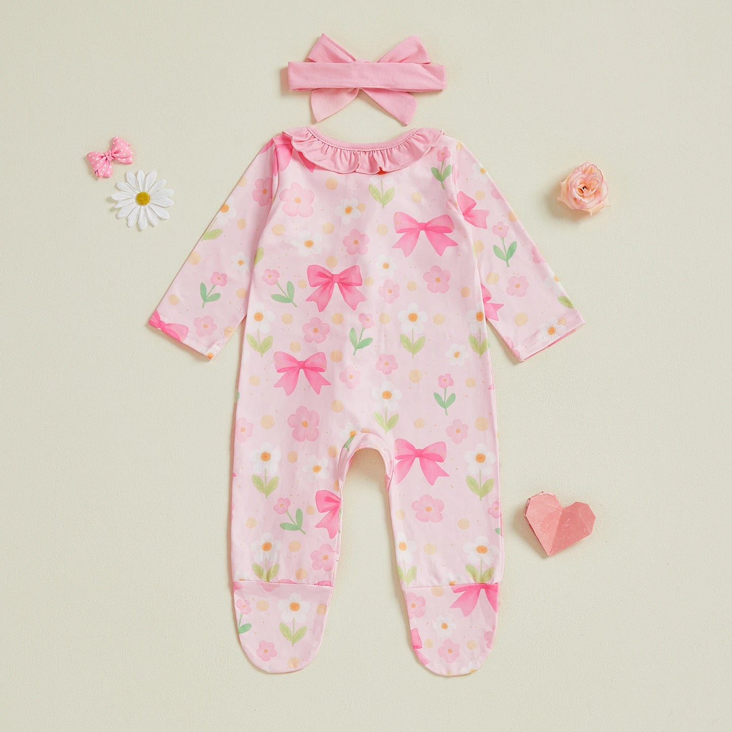 Baby Girl 2Pcs Footed Zipper Romper Floral Print Long Sleeve Zip Up Round Neck Ruffled Jumpsuit with Headband Set