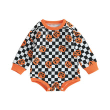 Load image into Gallery viewer, Baby Girl Boy Halloween Bodysuit Long Sleeve Pumpkin Printed Crew Neck Checkered Romper
