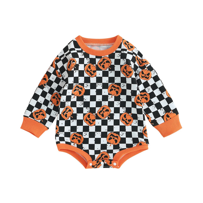 Baby Girl Boy Halloween Bodysuit Long Sleeve Pumpkin Printed Crew Neck Checkered Romper