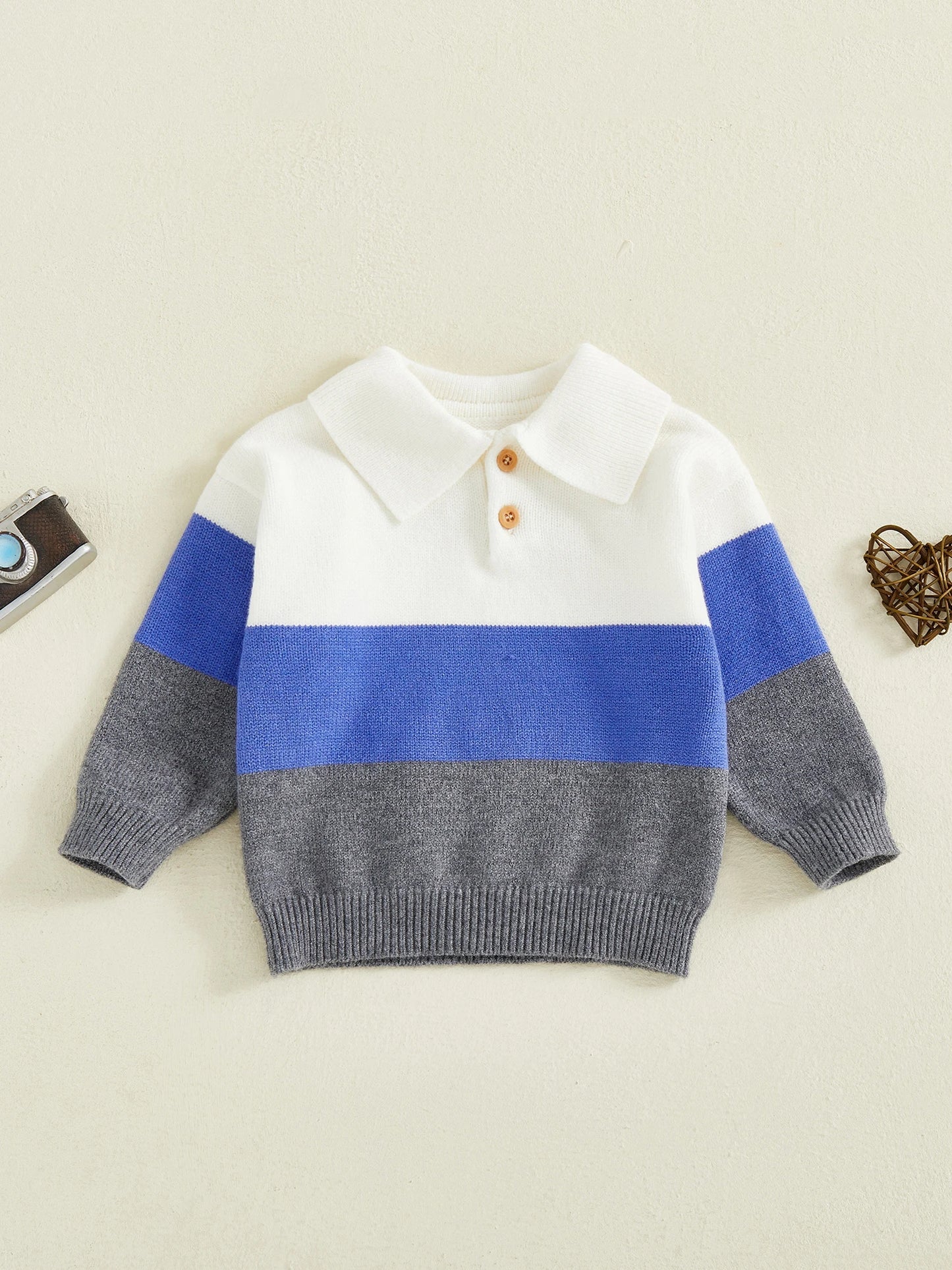 Baby Toddler Boy Sweater Lapel Collar Long Sleeve Patchwork Upper Button Down Pullover Warm Knit Tops