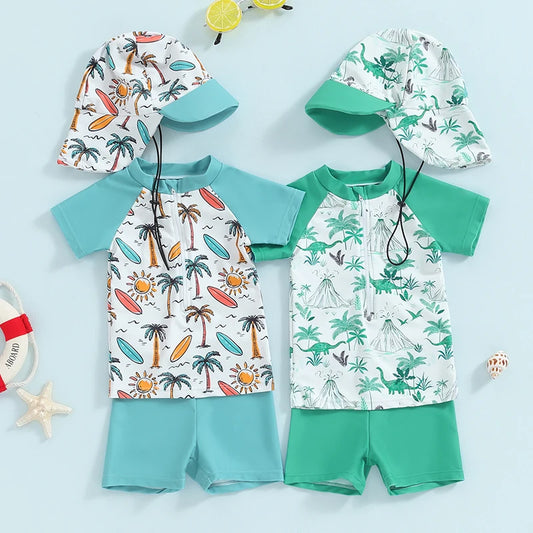 Baby Toddler Boys 3Pcs Swimsuit Palm Tree/Dinosaur Print Short Sleeve Top with Swim Trunks and Swim Cap Hat Bathing Suit Set