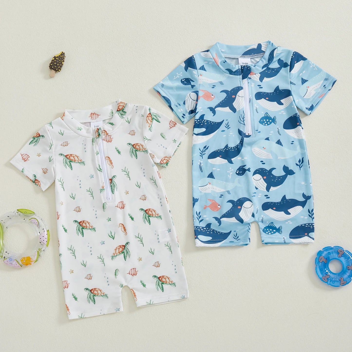 Baby Toddler Boys Rash Guard Swimsuit Short Sleeve Sea Animal Print Zip Up Bathing Suit Swimwear Romper