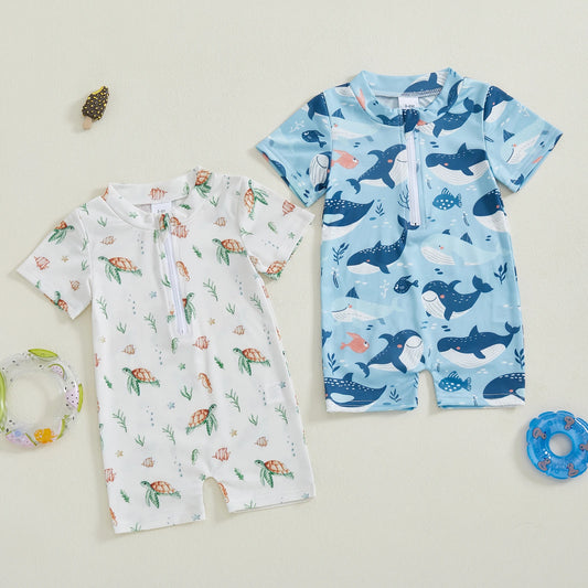 Baby Toddler Boys Rash Guard Swimsuit Short Sleeve Sea Animal Print Zip Up Bathing Suit Swimwear Romper
