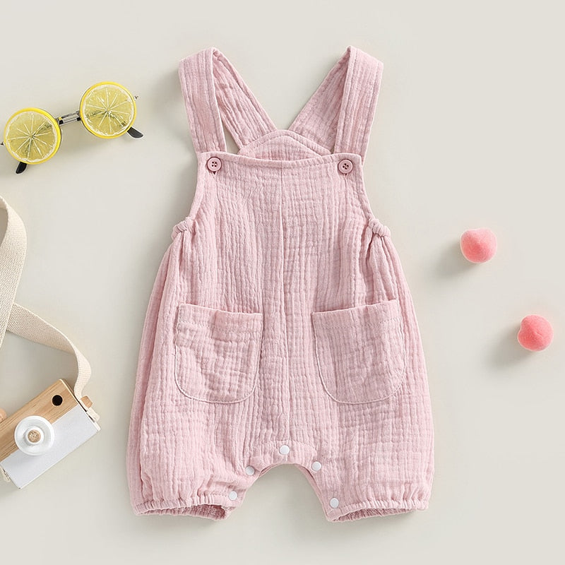 Infant Baby Boy Girl Summer Suspenders Jumpsuit Solid Romper with Pockets