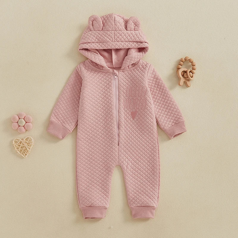 Baby Boys Girls Hello World Jumpsuit Long Sleeve Solid Hooded Hood with Ears Embroidery Letters Zipper Romper Clothes