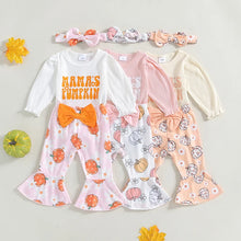 Load image into Gallery viewer, Baby Girls 3Pcs Mama&#39;s Pumpkin Halloween Outfit Letter Print Long Sleeve Romper and Pumpkin Print Flared Pants Headband Set
