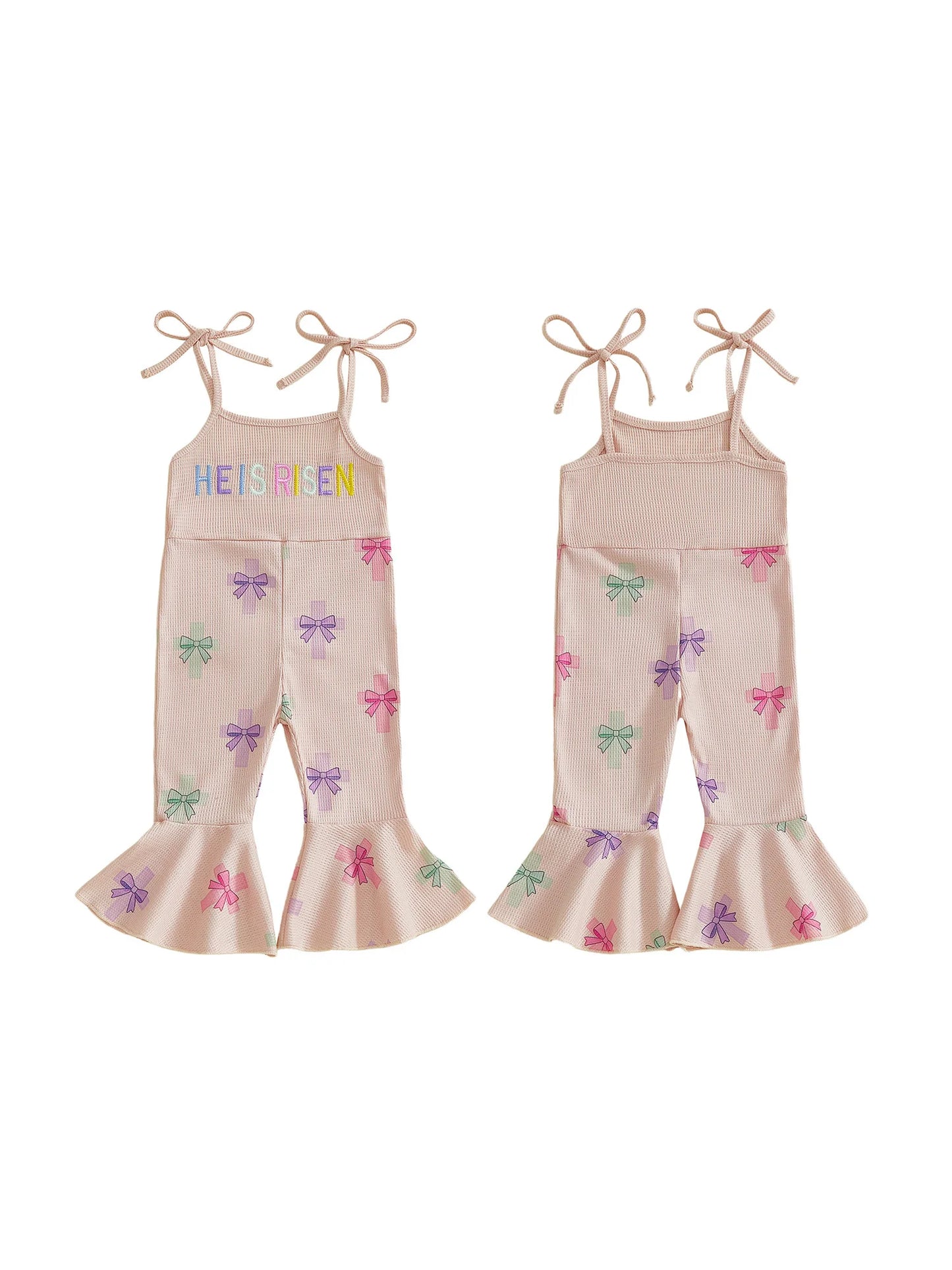 Baby Toddler Girls Easter Jumpsuit Eggstra Bell Bottoms Letter Easter Egg Bunny Bow Pattern Sleeveless Overalls Romper
