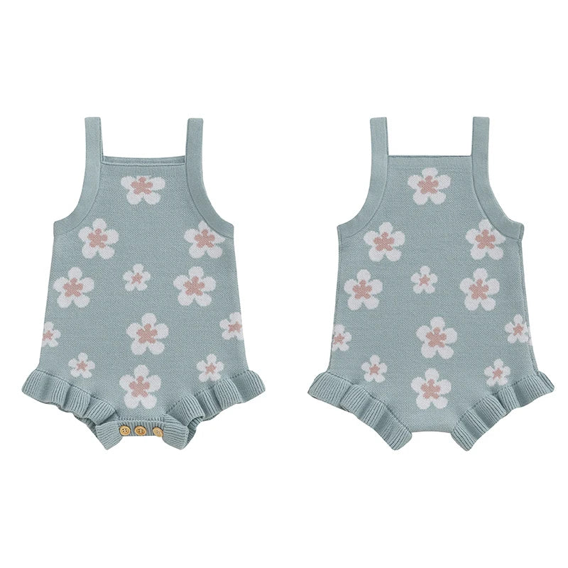 Baby Girls Summer Sleeveless Tank Strap Bubble Romper Knitted Floral Flower Print Bodysuit