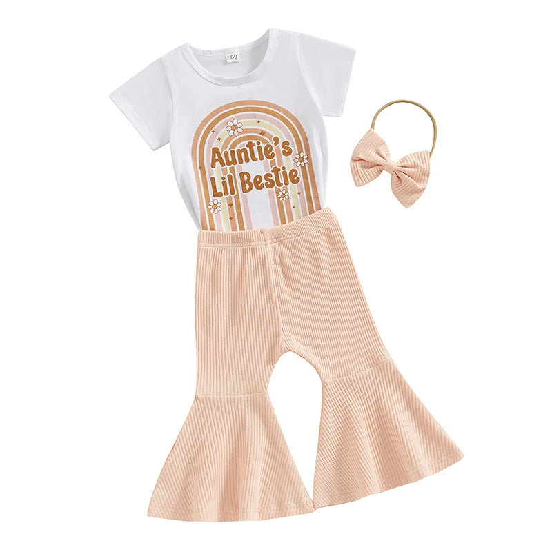 Baby Toddler Kids Girls 3Pcs Auntie's Lil Bestie / Mama's Bestie Summer Clothes Sets Rainbow Letter Short Sleeve T-shirts Ribbed Flare Pants Bow Headband Outfit