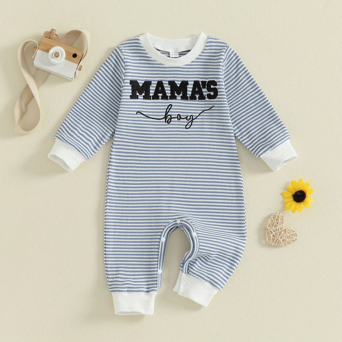 Baby Boys Mama's Boy Fall Romper Letter Embroidery Long Sleeve Round Neck Full Length Waffled Stripe Jumpsuit