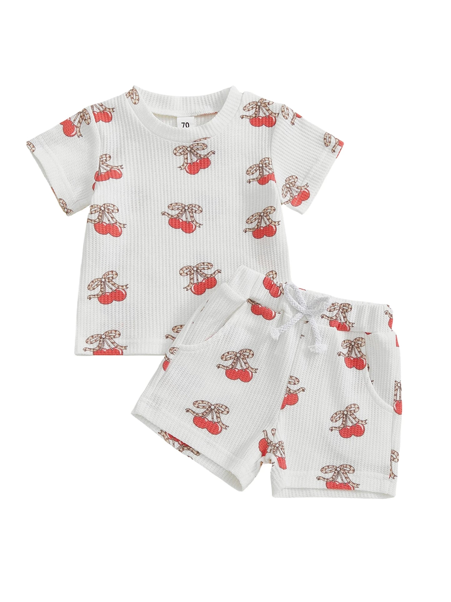 Baby Toddler Girls 2Pcs Outfits Fashionable Bow Cherry Print Short Sleeve Round Neck Top and Shorts Set