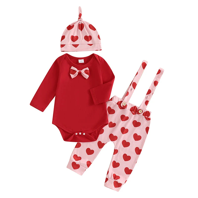 Baby Boys Girls 3Pcs Valentine’s Day Outfit Long Sleeve Romper with Bowtie Suspender Pants Hat Set Valentines