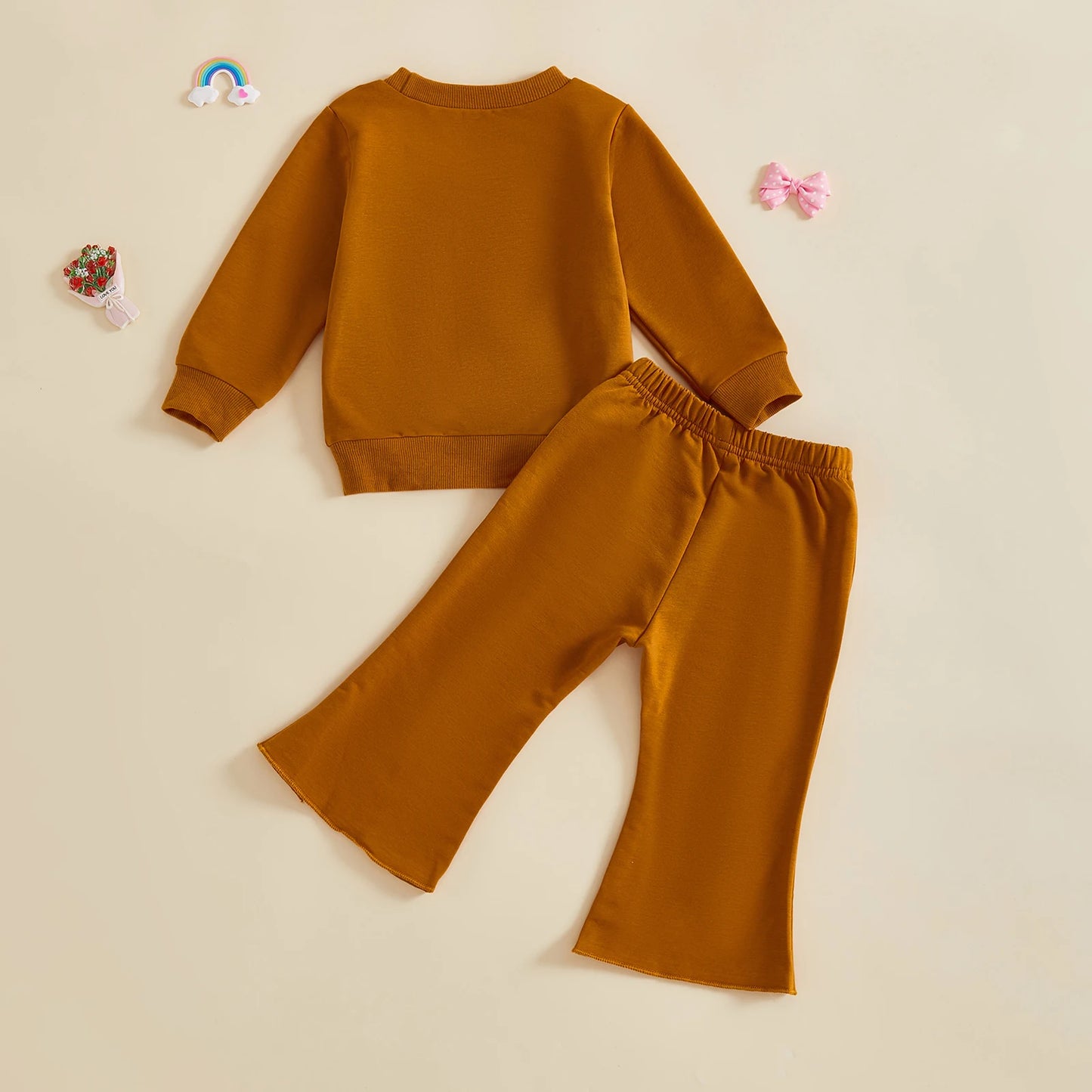 Baby Toddler Girl 2Pcs Fall Outfit Bow Decor Long Sleeve Round Neck Pullover Top + Elastic Waist Flare Pants 2Pcs Set