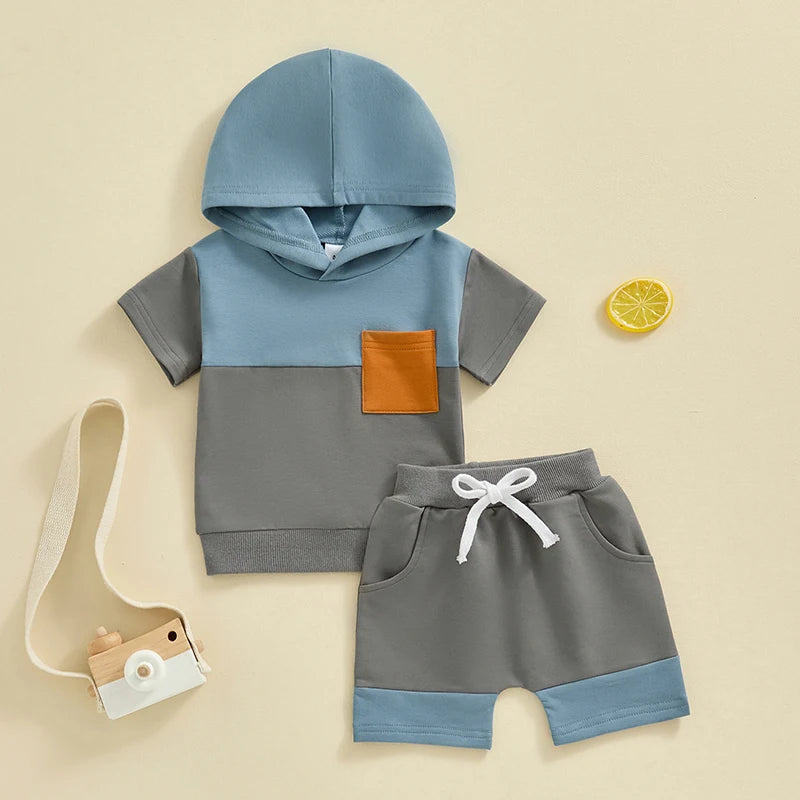 Toddler Baby Boy 2Pcs Color Block Short Sleeve Hooded Top Jogger Shorts Set Summer Outfits