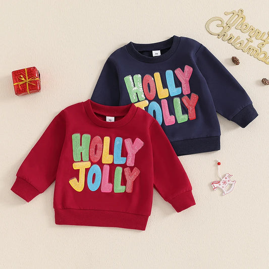 Baby Toddler Kids Boys Girls Holly Jolly Christmas Long Sleeve O Neck Sequins Letter Embroidery Pullover Top